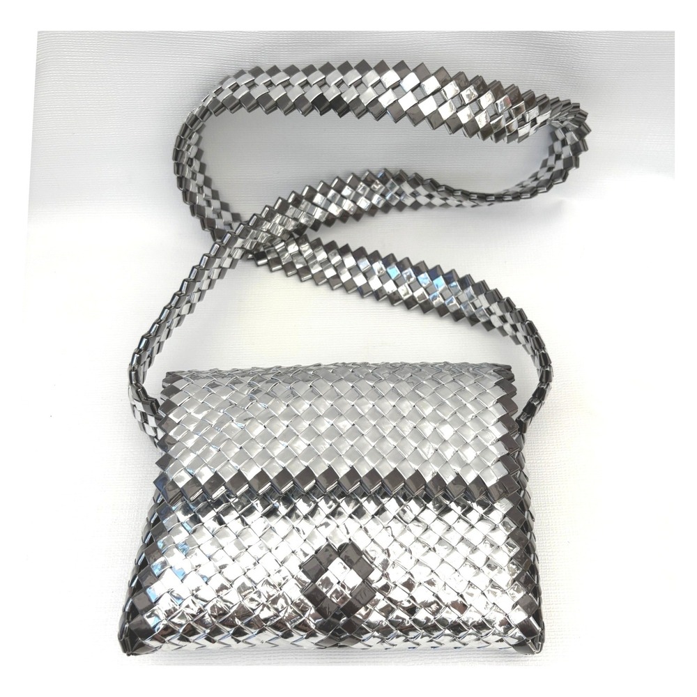 Vintage Silver & Black Candy Wrapper Mini Crossbody Bag 8x6" Wearable Art